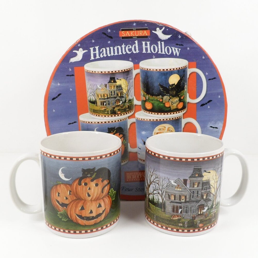 Two Vintage Halloween Mugs with Box David Carter Brown Haunted Hollow Black Cat